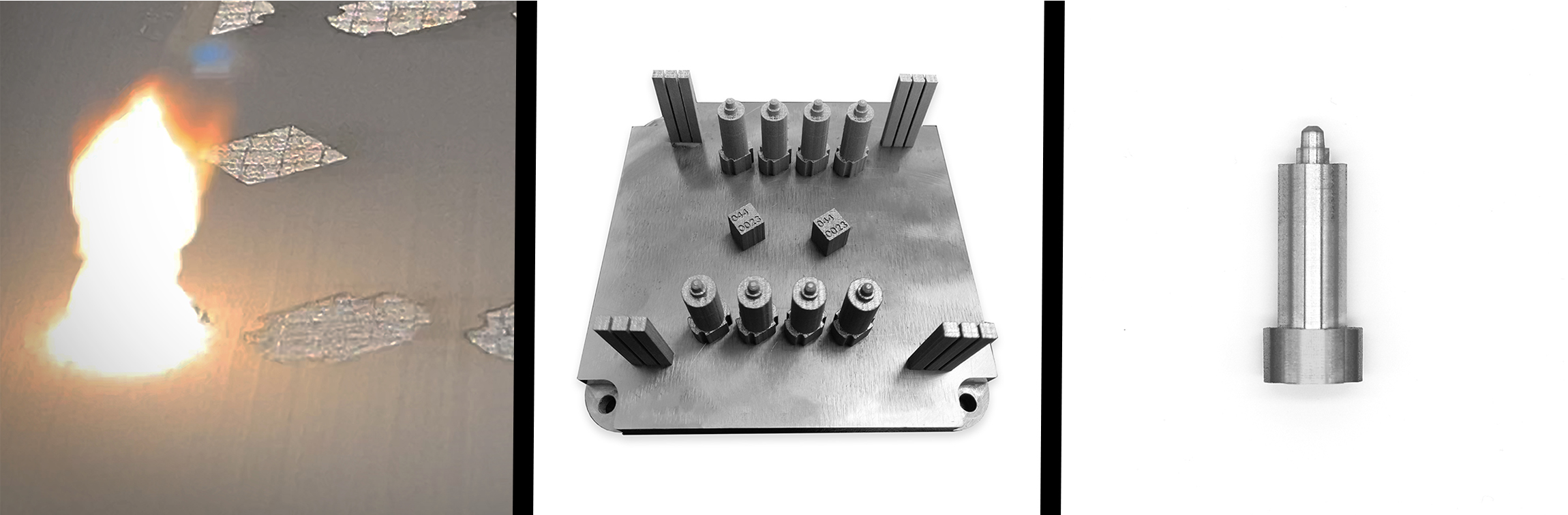 Left: Area Printing melts powder to form one of the steel core pins for an injection mold tool that will be used to manufacture brackets for Aerospace and Defense. Center is 8 core pins (4 in the front, 4 in the back) with tensile bars and test cubes also on the build plate. Right showcases the finished part, which is a single-core pin, printed in SS 316. Image via Seurat Technologies.
