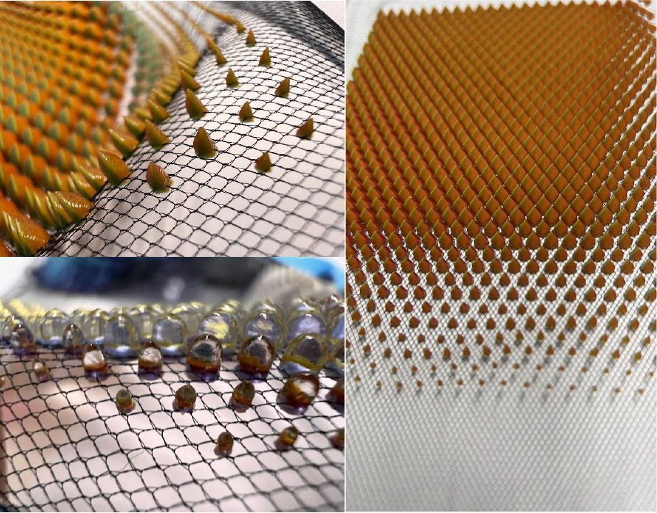 3D printed elements applied to net fabric, highlighting the precision and design flexibility of 3D printing in fashion. Photo via Laser Lines.