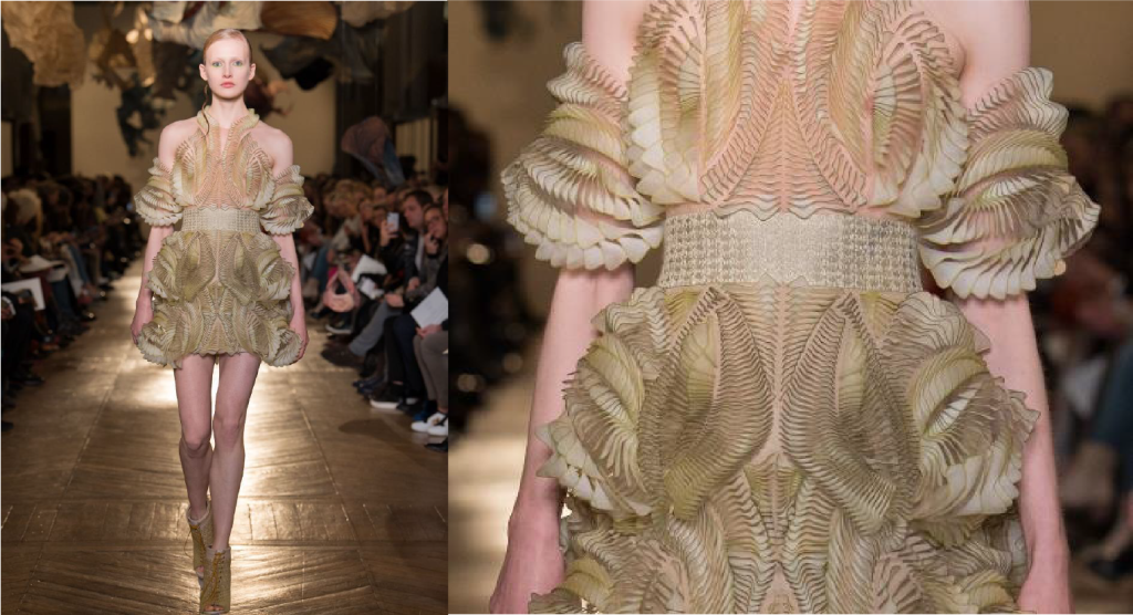 3D printed dress from Iris van Herpen’s 2018 collection, demonstrating the potential of 3D printing in high-end fashion. Photo via Stratasys