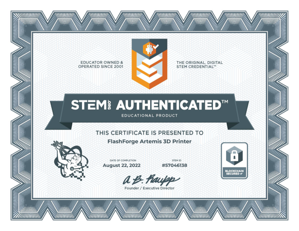 FlashForge USA's certificate of authentication from STEM.org. Image via FlashForge USA.